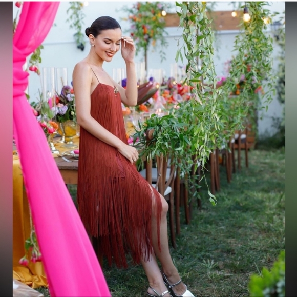 NWT ZARA STRAPPY FRINGE MIDI DRESS BROWN - Picture 5 of 8